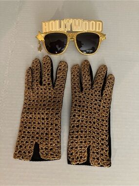 Gold Metallic Crochet Knit and Suede Gloves
